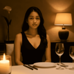 Woman in black dress at a table set for two