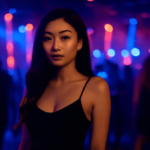 Attractive young woman in a black dress at a nightclub.