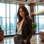 Confident Asian businesswoman in suit stands in modern office lobby with cityscape view.