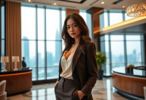 Confident Asian businesswoman in suit stands in modern office lobby with cityscape view.