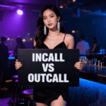 Woman in club holding sign "Incall vs Outcall". Escort guide for KL & Petaling Jaya.
