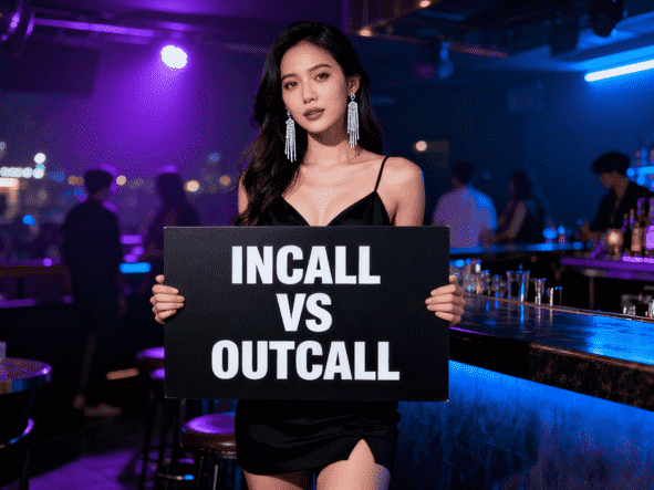Woman in club holding sign "Incall vs Outcall". Escort guide for KL & Petaling Jaya.