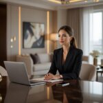 Professional woman working on laptop. Boost productivity with time management tips.