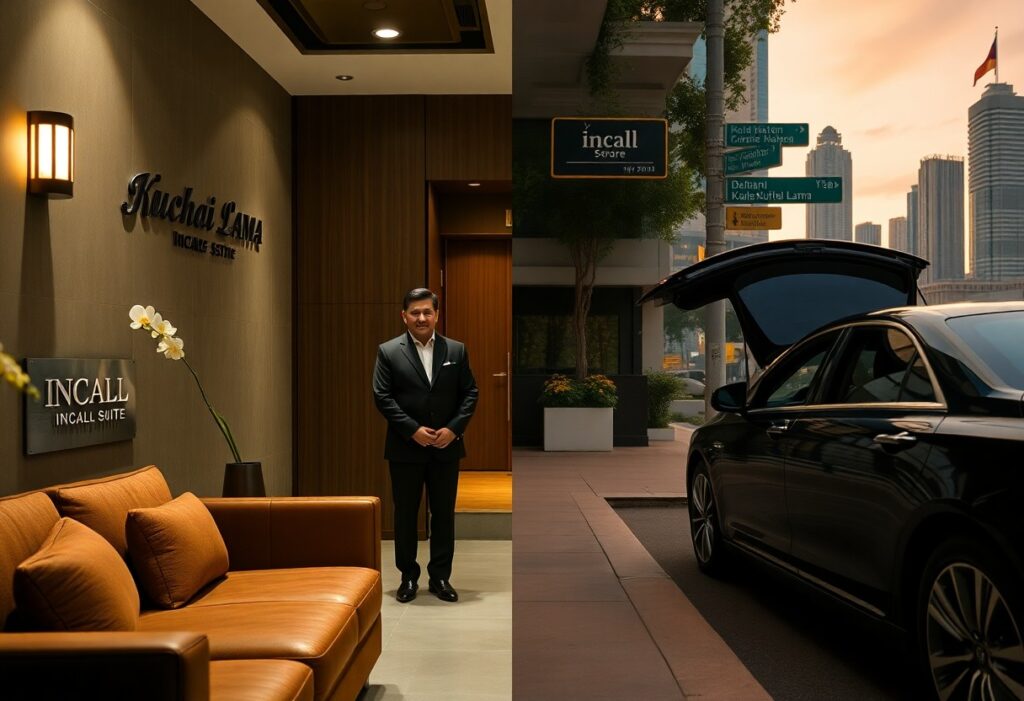 Incall Suite lobby with a doorman and a luxury car outside. Incall logo visible.