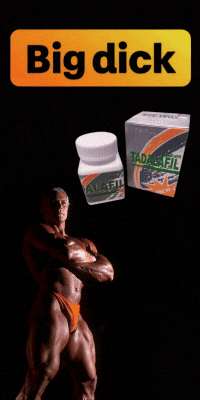 Tadalafil pills for men, with a bodybuilder and the text "Big dick.