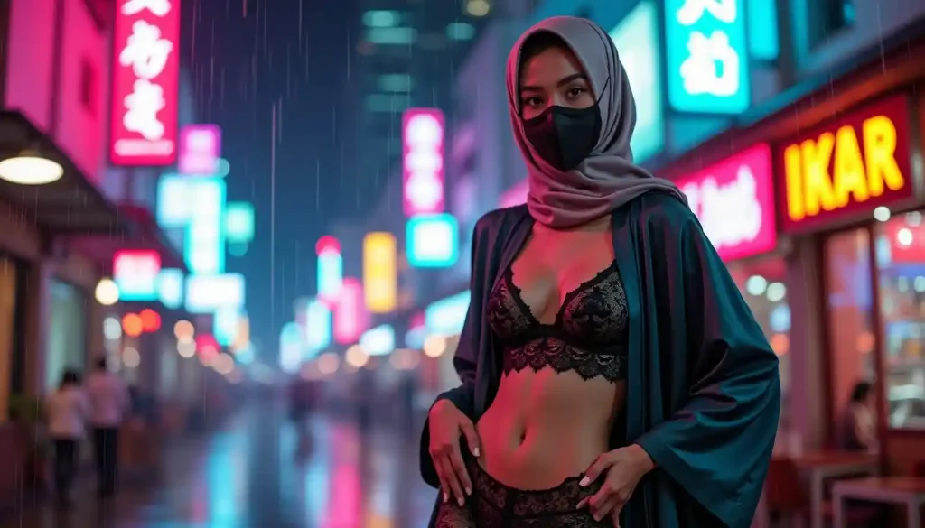 Woman in hijab and lingerie in a neon-lit, rainy city street