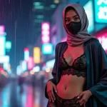 Woman in hijab and lingerie in a neon-lit, rainy city street