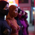 Women in hijabs and masks stand in a line, illuminated by neon lights.