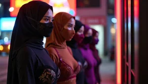 Women in hijabs and masks stand in a line, illuminated by neon lights.