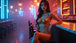 Woman in gold bikini sitting at a dimly lit bar with neon lights