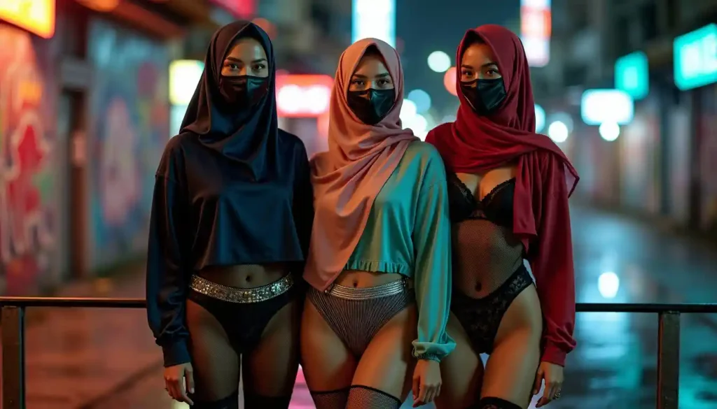 Three women in hijabs and masks posing in a neon-lit urban alley