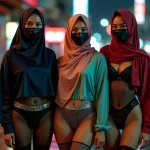 Three women in hijabs and masks posing in a neon-lit urban alley